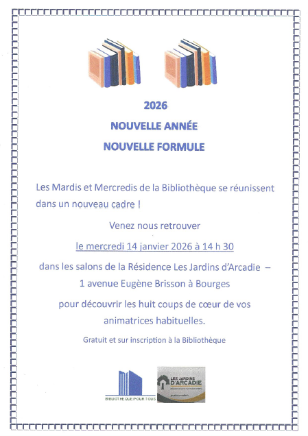 Affiche sur la présentation des 8 coups de cœur organisée le 14 Janvier 2026 à 14h30 aux Jardins d'Arcadie. © Culture et Bibliothèques Pour Tous, tous droits réservés.