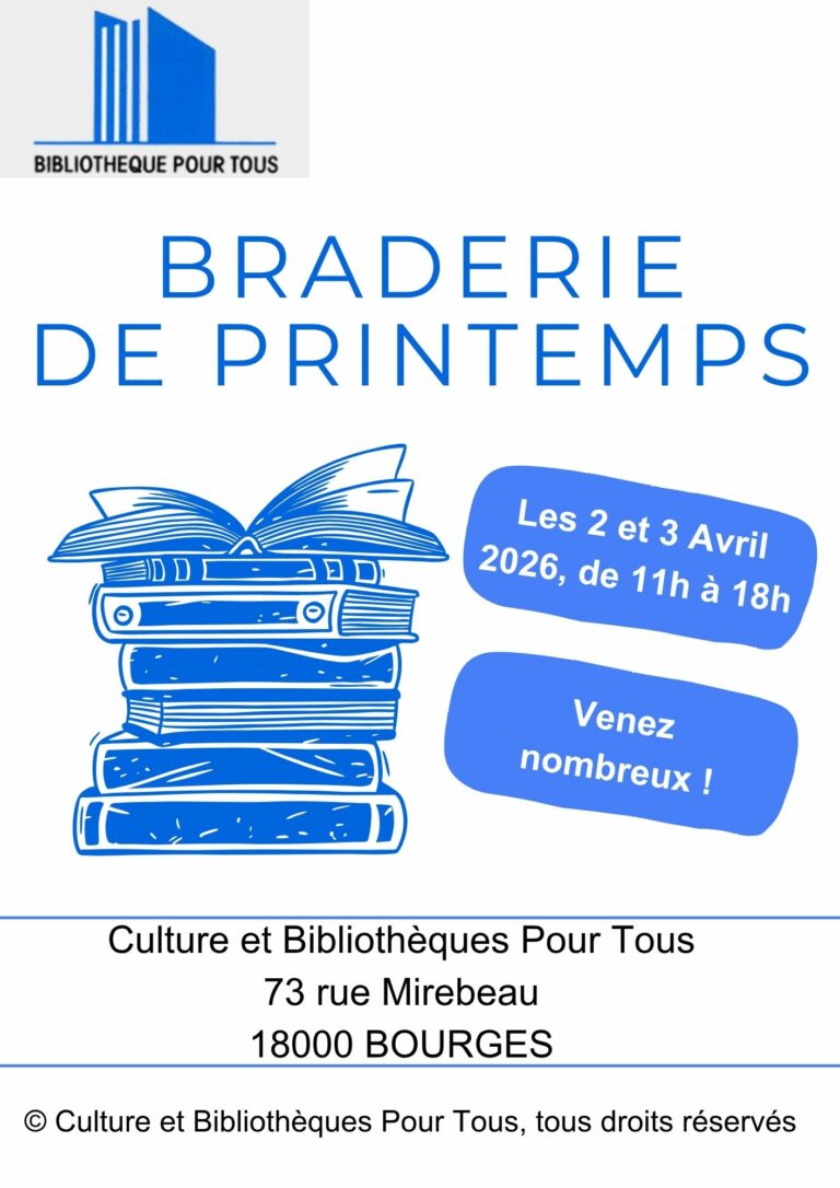 Braderie de Printemps se situant au local de Culture et Bibliothèques Pour Tous du 2 au 3 Avril 2026, de 11h à 18h. © Culture et Bibliothèques Pour Tous, Tous droits réservés.